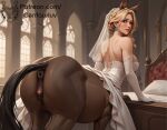 1girl 1girl ai_generated bedroom big_breasts blonde_hair blue_eyes braid braided_hair brown_fur brown_tail centaur centauress clothed dripping_pussy earrings equine equine_anus equine_genitalia equine_pussy european_mythology female_only freckles greek_mythology horse_ears horse_tail imminent_sex indoors newlyweds presenting presenting_hindquarters solo_female wedding_attire wedding_dress wedding_gloves wedding_lingerie wedding_night wedding_veil