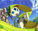 ambiguous_gender blue_eyes cliff dress happy looking_at_viewer meloetta music nintendo no_humans no_panties notes outside pokemon pokemon_(game) pokemon_bw sexually_suggestive sky solo spread_legs spreading the_boogie theboogie video_games