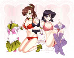 1990s_(style) 2_girls adult_swim alluring bishoujo_senshi_sailor_moon bishoujo_senshi_sailor_moon_r bishoujo_senshi_sailor_moon_r_the_movie bishoujo_senshi_sailor_moon_s bishoujo_senshi_sailor_moon_s_the_movie bishoujo_senshi_sailor_moon_supers bishoujo_senshi_sailor_moon_supers_the_movie black_hair blush boots bow bow_panties bra brooch brown_bow brown_hair choker clothes_hanger collarbone cosplay earrings elbow_gloves eyelashes gloves green_boots green_eyes green_skirt groin hair_bobbles hair_ornament heart heart_brooch high_heels hotaru_tomoe jewelry kino_makoto kjur knee_boots kneel lingerie looking_at_viewer makoto_kino multiple_girls navel panties pink_bow pink_bra pink_panties ponytail purple_eyes red_bra red_panties retro_artstyle sailor_jupiter sailor_saturn shoes sitting skirt smile star_brooch tiara toei_animation tomoe_hotaru toonami underwear underwear_only viz_media watermark web_address white_gloves