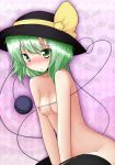 1girl argyle argyle_background bakko black_legwear blush female green_eyes green_hair hat heart heart_of_string komeiji_koishi nude thighhighs third_eye touhou