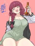1girl alcohol artist_name beer beer_bottle big_breasts blush bocchi_the_rock! breasts closed_eyes drawlab33t dress drunk green_dress hiroi_kikuri jacket jacket_open long_hair multicolored_jacket open_jacket open_mouth purple_hair sleeve_off thick_thighs thighs two-tone_jacket