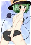 adjusting_swimsuit bakko bikini blush cameltoe from_behind green_eyes green_hair hat high_res komeiji_koishi looking_back solo swimsuit touhou