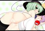 2girls anus ass bakko blush breasts closed_eyes eyeball green_eyes green_hair hair hairband incest komeiji_koishi komeiji_satori looking_back multiple_girls nipples no_nose open_mouth purple_hair pussy pussy_juice short_hair siblings sisters stockings third_eye touhou tribadism uncensored white_legwear yuri