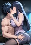 1boy 1girl ai_generated ass_grab bedroom black_hair blue_hair closed_eyes crossover face_grab fairy_tail gray_fullbuster hinata_hyuuga hinata_hyuuga_(the_last) huge_ass huge_breasts kissing naruto:_the_last naruto_shippuden sitting sitting_on_lap