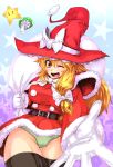  1girl black_legwear black_thighhighs blonde_hair female gloves hat kirisame_marisa long_hair mushroom panties santa_costume santa_hat sentarou solo star stockings thighhighs touhou underwear white_gloves witch witch_hat yellow_eyes 