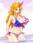 1girl abs america american_flag american_flag_bikini bare_shoulders bikini blonde_hair breasts cameltoe female flag_print front-tie_top horn hoshiguma_yuugi huge_breasts in_water large_breasts long_hair looking_down midriff navel pointy_ears purple_eyes sentarou side-tie_bikini smile solo strap_gap string_bikini swimsuit touhou underboob wading water