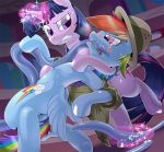 2girls bite blush clothes cosplay cutie_mark equine friendship_is_magic glowing hair hat headgear horn magic mouth_hold multiple_girls my_little_pony my_little_pony_friendship_is_magic oze oze_(zoexm177) pegasus rainbow_dash_(mlp) rainbow_hair saliva sparkle struggling sweat teeth tentacle tentacles twilight_sparkle_(mlp) undressing unicorn wings zoe_(artist)