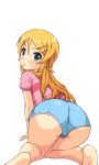 1girl all_fours animated animated_png ass barefoot blue_eyes casual feet foreshortening frown gif huge_ass k10k kaze_(kazesan) kousaka_kirino looking_back orange_hair ore_no_imouto_ga_konna_ni_kawaii_wake_ga_nai short_shorts shorts simple_background solo trefoil white_background