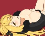 agemono aliasing bangs blonde_hair blush bottomless breasts crossed_arms fur_trim grin hair_between_eyes hair_ornament hair_spread_out large_breasts legs_up long_hair looking_at_viewer lying nipples no_bra oekaki on_back open_clothes parted_lips pixel_art pokemon pubic_hair puffy_nipples red_background seductive_smile shirona_(pokemon) simple_background smile solo thigh_gap yellow_eyes