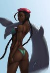 alternate_color ass beret bikini braid braids cammy_white capcom dark_skin dolphin from_behind hat head_turn long_hair photoshop scar sethxzoe street_fighter swimsuit twin_braids very_long_hair water