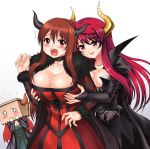  3_girls 3girls argyle bag bag_over_head black_dress blush breast_grab breasts bridal_gauntlets brown_eyes brown_hair choker cleavage demon_girl demon_horns dress dual_persona grabbing horns huge_breasts large_breasts long_hair maou_(maoyuu) maoyuu_maou_yuusha multiple_girls multiple_persona open_mouth paper_bag red_dress red_eyes red_hair white_background y.ssanoha 