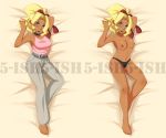 1girl big_breasts blonde_hair blue_eyes breasts dark_skin long_hair mihoshi_kuramitsu nipples open_mouth ponytail solo tenchi_muyo topless