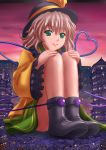 1girl boots city crushed_buildings destruction drawing female giantess green_eyes hat hat_ribbon highres komeiji_koishi manzi panties ribbon sitting sky solo touhou underwear