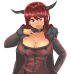 1girl :o bad_id big_breasts breasts choker cleavage collarbone dyson_(edaokunnsaikouya) dyson_giga_drain edaokunnsaikouya fang fur_trim hand_on_hip horns large_breasts maou_(maoyuu) maoyuu_maou_yuusha open_mouth red_eyes red_hair simple_background solo white_background