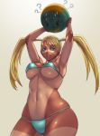 arm_up armpits arms_up ball beachball belly big_breasts bikini blanka blonde_hair blue_eyes breasts capcom curvy hair highres hips long_hair navel no_mask rainbow_mika sethxzoe shiny shiny_skin street_fighter street_fighter_zero street_fighter_zero_iii string_bikini sweatdrop swimsuit tan tan_line twin_tails wide_hips