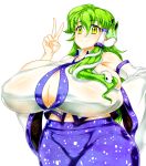  1girl bare_shoulders breasts bursting_breasts curvy female gigantic_breasts green_hair kochiya_sanae long_hair sentarou smile snake touhou v wide_hips yellow_eyes 