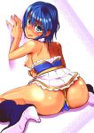 1girl areola areolae ass blue_eyes blue_hair blush breasts earring earrings erect_nipples female highres huge_ass jewelry looking_at_viewer looking_back mahou_shoujo_madoka_magica medium_breasts miki_sayaka nipple_piercing nipples panties piercing rews shoes short_hair sitting smile solo underwear