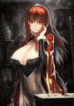 1girl big_breasts breasts cape cleavage coin cup demon_girl dress gold hair_tucking huge_breasts large_breasts light_rays long_hair looking_at_viewer maou_(maoyuu) maoyuu_maou_yuusha red_eyes red_hair ryuuzaki_ichi ryuuzaki_itsu smile solo spoon sunbeam sunlight unaligned_breasts unbuttoned