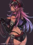  1girl ass bare_shoulders big_breasts bracelet breasts butt_crack copyright_name dark_skin earrings elbow_gloves eyepatch gloves hat horns iris_beresford jewelry junketsu_duelion large_breasts long_hair looking_back official_art pink_hair red_eyes sethxzoe simple_background solo spiked_bracelet spikes strapless translated tubetop whip 