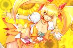 1girl blonde_hair bow breasts cleavage cure_sunshine dress floral_background flower futari_wa_precure hair hair_ribbon heart heartcatch_precure! heartcatch_pretty_cure! huge_breasts large_breasts long_hair magical_girl midriff myoudouin_itsuki navel orange_(color) orange_bow orange_dress orange_skirt precure pretty_cure ribbon sentarou skirt solo sunflower twin_tails twintails underboob yellow_background yellow_eyes