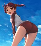 1girl :d antenna_hair ass back_view bent_over bloomers brown_eyes buruma cloud gym_uniform hands_on_thighs hashi isshiki_akane looking_back open_mouth red_hair redhead scrunchie short_hair sky smile solo teeth thighs tongue track_jacket twin_tails twintails vividred_operation wind windy