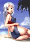 1girl beach competition_swimsuit copyright_request katahira_masashi long_hair one-piece_swimsuit red_eyes solo swimsuit white_hair