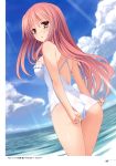 1girl :< absurd_res adjusting_swimsuit ass breasts brown_eyes casual_one-piece_swimsuit cloud high_res imouto_no_katachi long_hair mutou_kurihito ocean one-piece_swimsuit pink_hair sena_miyuki sky swimsuit