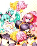  2girls blue_eyes breasts cheerleader covered_nipples detached_sleeves erect_nipples green_eyes green_hair hair hatsune_miku huge_breasts long_hair megurine_luka miku_hatsune multiple_girls open_mouth panties pom_poms ponytail sentarou smile stockings thighhighs twin_tails twintails underwear vocaloid 