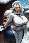  1girl 1girl ai_generated blue_eyes breasts chubby clothed gym_leader hat hips hpeq huge_breasts long_hair mature_female melony_(pokemon) milf milf nintendo outside pokemon pokemon_ss smile stable_diffusion thick_thighs thighs voluptuous white_hair wide_hips 