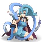  1girl bad_id bare_shoulders blue_eyes blue_hair boots breasts cape dragonair earrings gloves gym_leader high_heels hukuisan ibuki_(pokemon) jewelry long_hair nintendo pokemon ponytail shoes skin_tight unitard white_background 