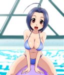 1girl ahoge animated animated_png arm_support big_breasts blue_hair blush bouncing_breasts breasts cleavage collaboration gif goriate idolmaster idolmaster_2 indoor_pool inflatable_raft kaze_(kazesan) kazesan large_breasts miura_azusa navel open_mouth pool red_eyes rei_no_pool riding shiny shiny_skin short_hair smile solo