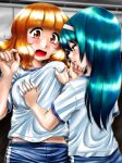  2girls atchy blue_hair blush breast_grab breasts girls_und_panzer grabbing groping gym_uniform hair long_hair multiple_girls orange_hair reizei_mako takebe_saori yuri 