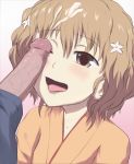 1girl bad_id brown_eyes brown_hair cum cum_on_hair flower hair_flower hair_ornament hanasaku_iroha jadf japanese_clothes matsumae_ohana nurgle777 open_mouth penis penis_on_face short_hair solo_focus tongue uncensored