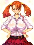  1girl absurd_res absurdres anjou_naruko ano_hi_mita_hana_no_namae_wo_bokutachi_wa_mada_shiranai. belt blush breasts cleavage female_only hands_on_hips high_res highres nipples orange_eyes orange_hair see-through sentarou shirt skirt sweat twin_tails wet wet_clothes wet_shirt 