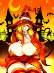  1girl areola_slip areolae breasts curvy demon_tail erect_nipples female gigantic_breasts halloween hat highres long_hair orange_eyes orange_hair sentarou sitting tail underwear witch witch_hat 