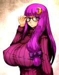  1girl breasts erect_nipples female glasses hair_ornament huge_breasts long_hair patchouli_knowledge purple_eyes purple_hair ribbon sentarou solo standing sweater touhou upper_body 