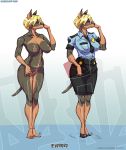 2013 badge belt blonde_hair breasts canine clipboard clothing doberman dog eyewear female furry glasses hair kamina1978 model_sheet navel nipples nude police police_officer pussy red_eyes shirt shoes skirt solo standing uniform