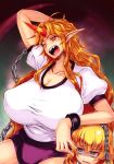 >:( 2girls ;o absurd_res absurdres alternate_costume anger_vein annoyed arm_behind_head blonde_hair bloomers breasts buruma chain chains cleavage cuffs elf fangs female gigantic_breasts green_eyes gym_uniform hair high_res highres horn hoshiguma_yuugi huge_breasts long_hair looking_up messy_hair mizuhashi_parsee multiple_girls one_eye_closed open_mouth orange_eyes pointy_ears puffy_sleeves red_eyes sentarou shaded_face shirt short_hair taut_clothes taut_shirt touhou underwear very_long_hair wink