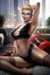  ayyasap belly_button black_bra black_panties blonde_hair bra dc_comics glasses harley_quinn panties underwear 