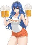  1girl 1girl 1girl alcohol alluring alternate_costume bare_arms beer_mug blue_eyes blue_hair breasts cleavage cup desspie fire_emblem fire_emblem_awakening high_res hooters long_hair looking_at_viewer lucina lucina_(fire_emblem) medium_breasts mug root_beer shorts smile stockings symbol-shaped_pupils tiara waitress 