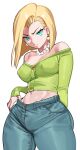  ahegaopa4 android_18 blonde_hair blue_eyes dragon_ball dragon_ball_super dragon_ball_z jeans mature_female medium_breasts medium_hair sexually_suggestive short_hair 