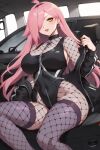 1girl ai_generated big_breasts cleavage fishnets leotard long_hair nenefthivt on_motorcycle pink_hair shoes solo tagme vtuber yellow_eyes