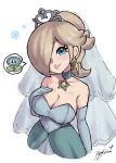  1girl alluring blonde_hair blue_eyes breasts cleavage female_only mario_(series) necklace nintendo rosalina super_mario_bros. super_mario_odyssey wedding_dress yamino_ekakinin 