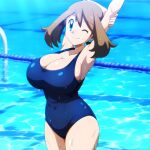  1girl 2024 accurate_art_style alluring arched_back big_breasts blue_eyes breasts brown_hair cleavage game_freak high_res may may_(pokemon) mayday_(artist) nintendo one-piece_bikini one_eye_closed outside pokemon pokemon_(anime) pool school_swimsuit smile stretching swimming_pool water wet 