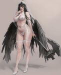  1girl albedo_(overlord) alternate_version_available big_ass big_breasts black_hair black_wings breasts female_only holding_weapon horns janggun lingerie overlord_(maruyama) platform_shoes posing seductive weapon wedding_lingerie wings 