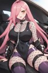 1girl ai_generated big_breasts cleavage fishnets leotard long_hair nenefthivt on_motorcycle pink_hair shoes solo tagme vtuber yellow_eyes