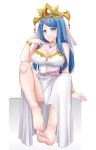  1girl 1girl absurd_res alluring barefoot blue_eyes blue_hair bracelet crown dress feet fire_emblem fire_emblem_engage foot_focus hair_ornament high_res jewelry long_hair looking_at_viewer lumera_(fire_emblem) milf nintendo rynn_(darknescorez) simple_background sitting smile teeth watermark white_background white_dress 