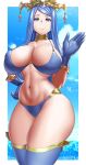  1girl alluring alternate_breast_size arcedo big_ass big_breasts bikini blue_bikini blue_eyes blue_hair breasts curvaceous curvy_figure female_only fire_emblem fire_emblem_engage headress high_res hips light-skinned_female light_skin long_hair lumera_(fire_emblem) mature_female milf nintendo race_queen smile thick_thighs thighs wide_hips 