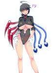  1girl ahoge asymmetrical_wings big_breasts black_hair blush breasts center_opening gloves heart high_res houjuu_nue kirise_mitsuru leotard open_mouth red_eyes short_hair short_sleeves skirt smile solo touhou underboob wings wink 