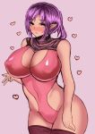 1girl bare_shoulders blue_eyes breasts curvy erect_nipples female heart huge_breasts leaning_forward one-piece_thong original pointy_ears purple_background purple_hair short_hair simple_background solo standing stockings thighhighs thighs zinnruisaikyou